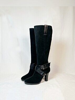 Ralph Lauren Chaps Black Suede Leather Candace Knee High Zip Riding Boots~6.5~